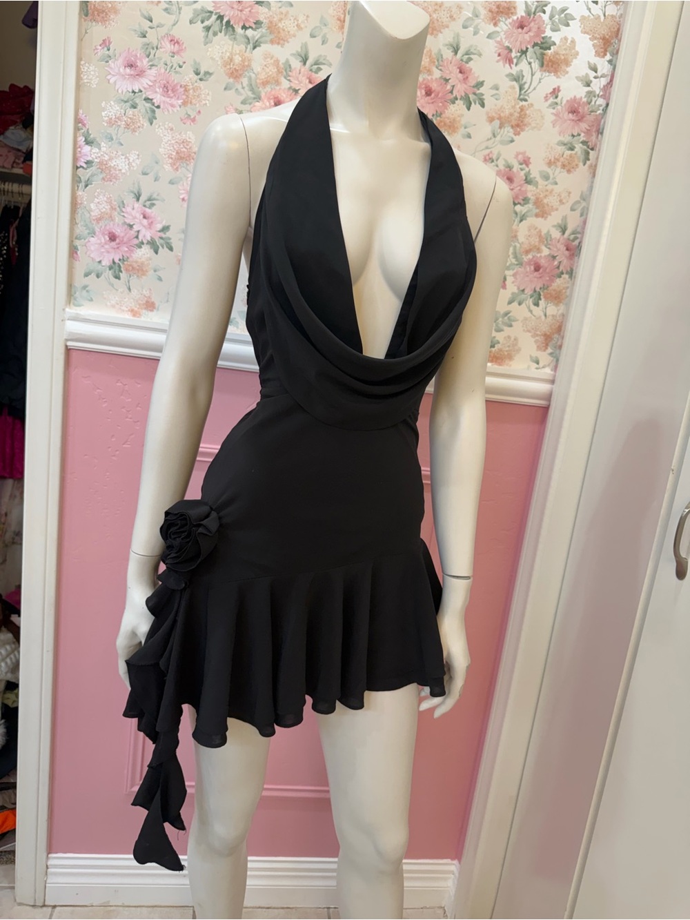 Black Halter Mini Dress with Draped Cowl Neck